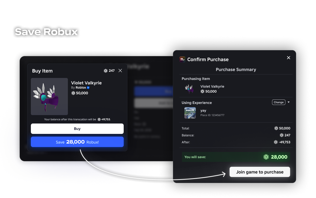 RoValra showing a purchase with Robux savings